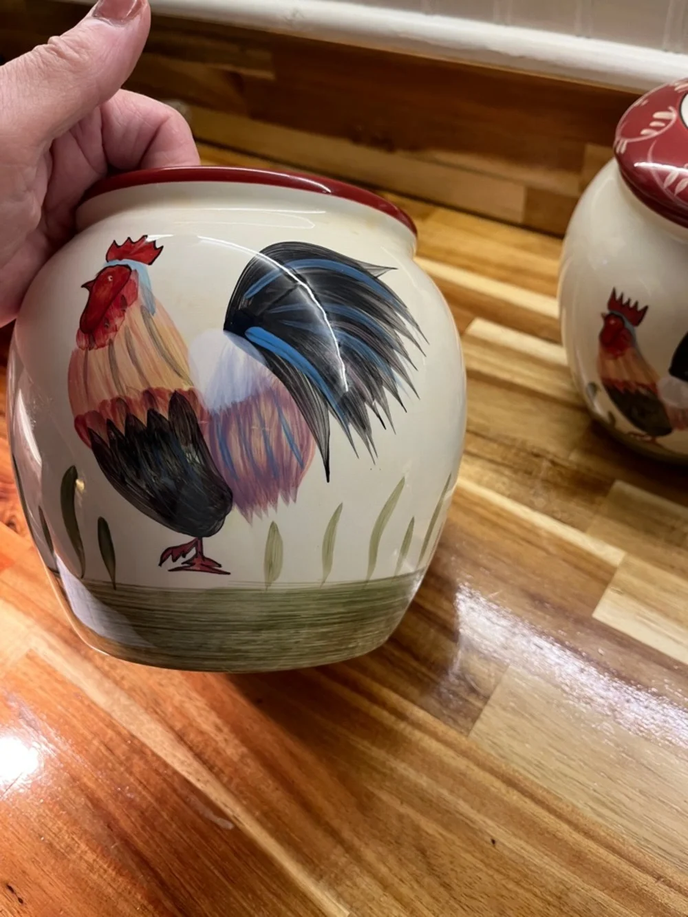 Home Interiors Cream Rooster Ceramic Canister Set with Red Lids